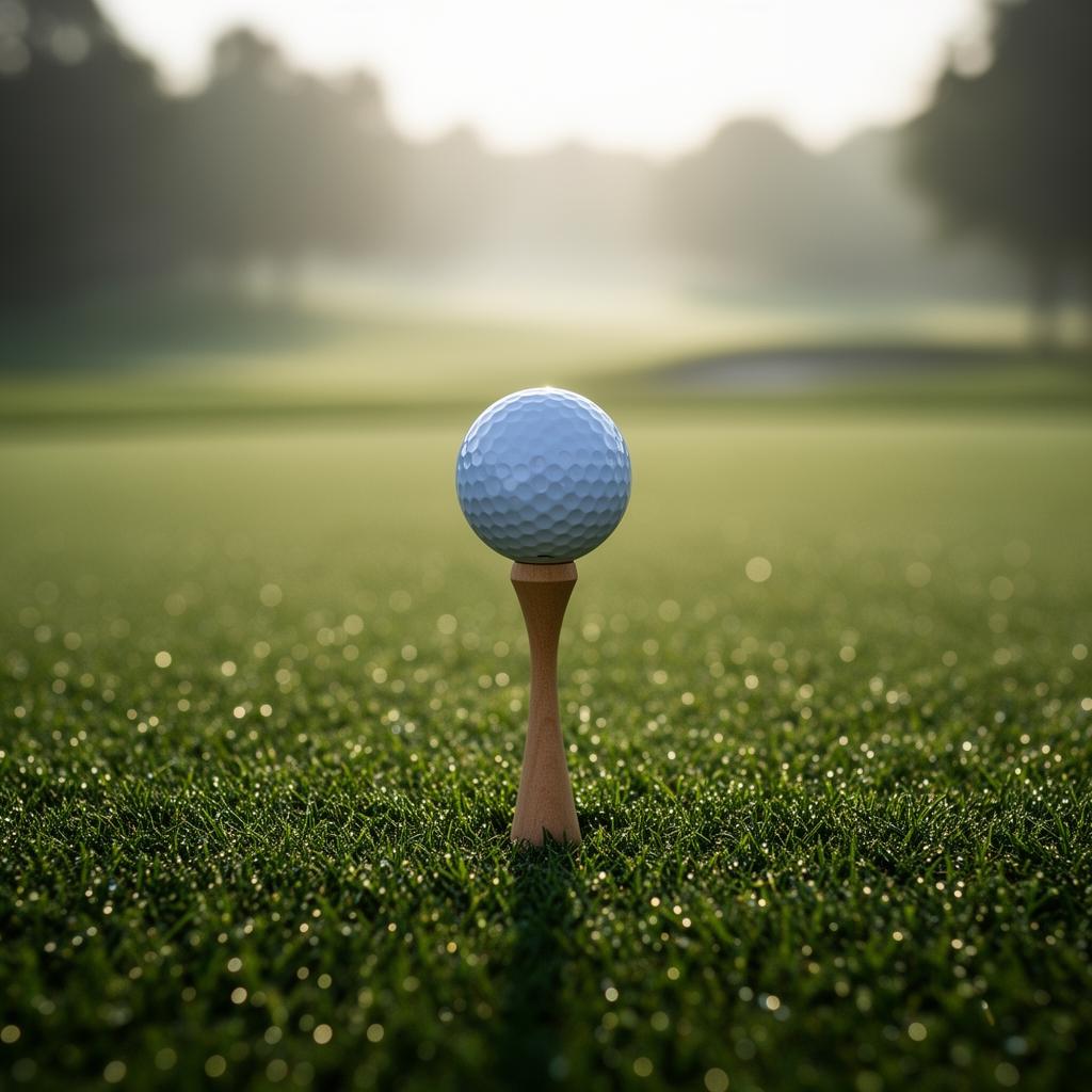 Golfball auf dem Tee im Morgenlicht